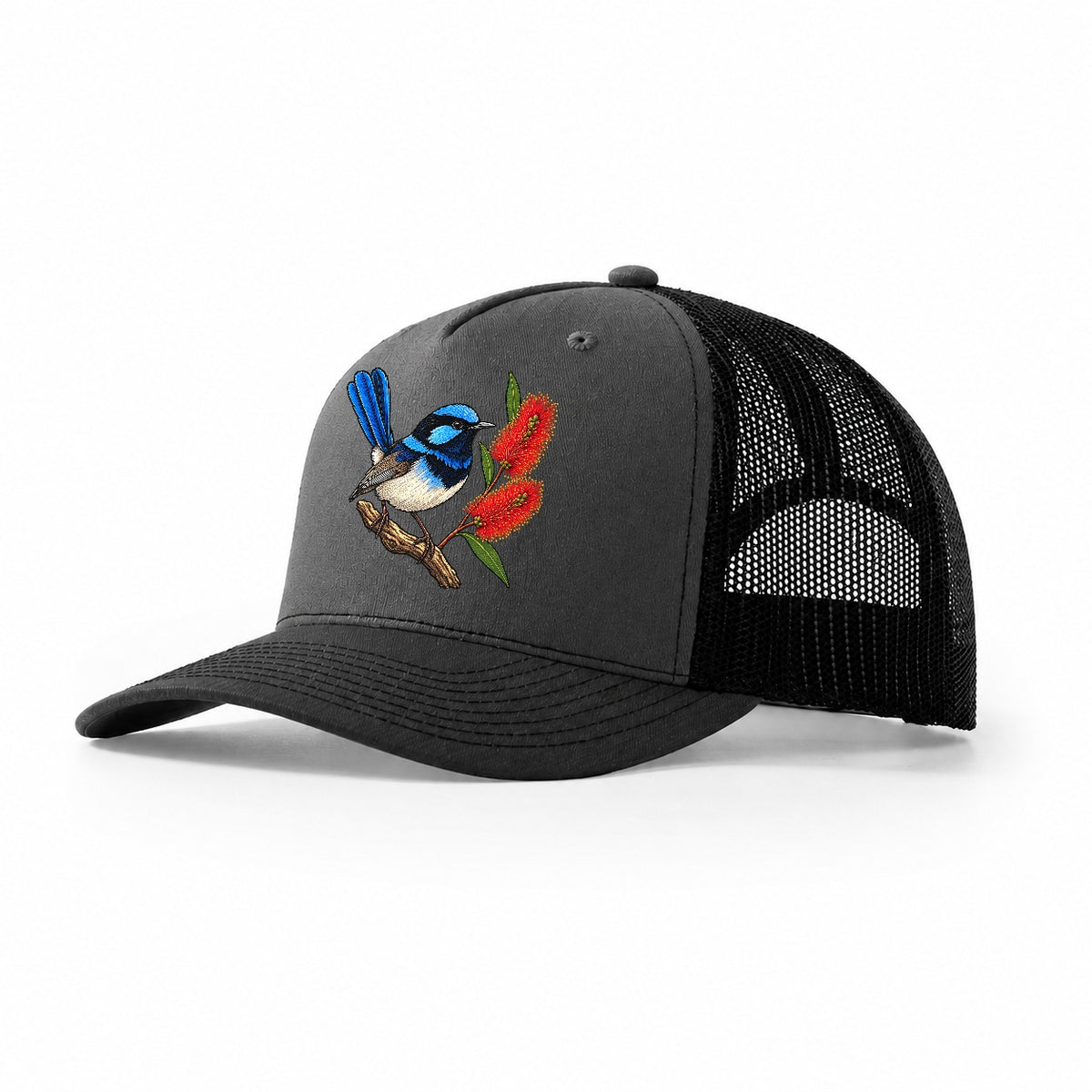 Superb Fairywren And Bottlebrush Australia Cultural Icons Trucker Hat – Dark Grey Black