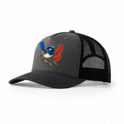Superb Fairywren And Bottlebrush Australia Cultural Icons Trucker Hat – Dark Grey Black