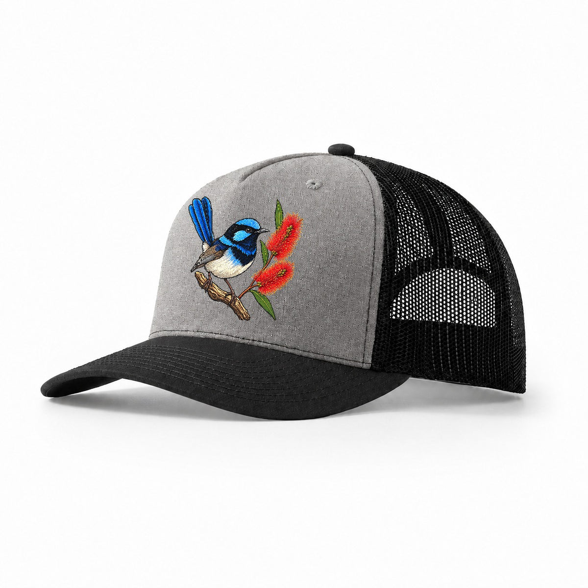 Superb Fairywren And Bottlebrush Australia Cultural Icons Trucker Hat – Grey Black