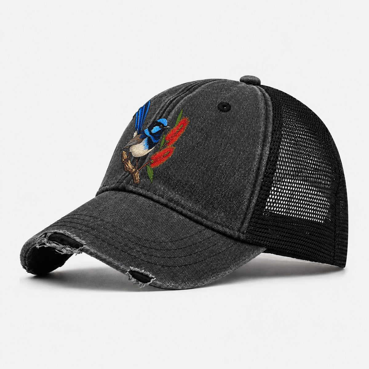 Superb Fairywren And Bottlebrush Australia Cultural Icons Washed Trucker Hat – Black