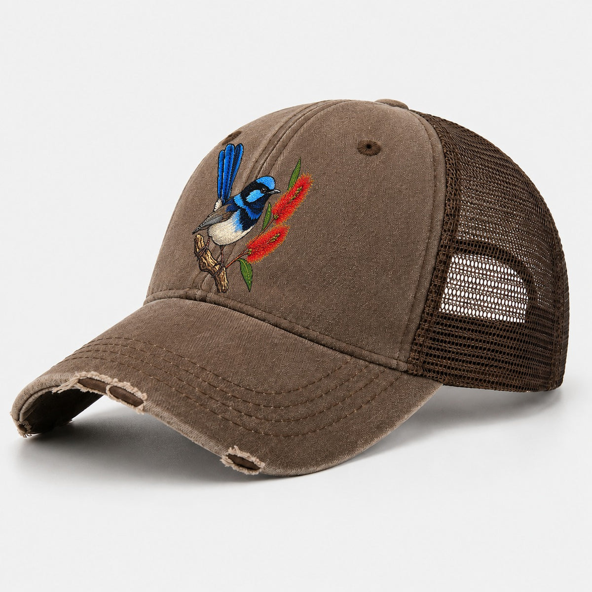 Superb Fairywren And Bottlebrush Australia Cultural Icons Washed Trucker Hat – Coffee