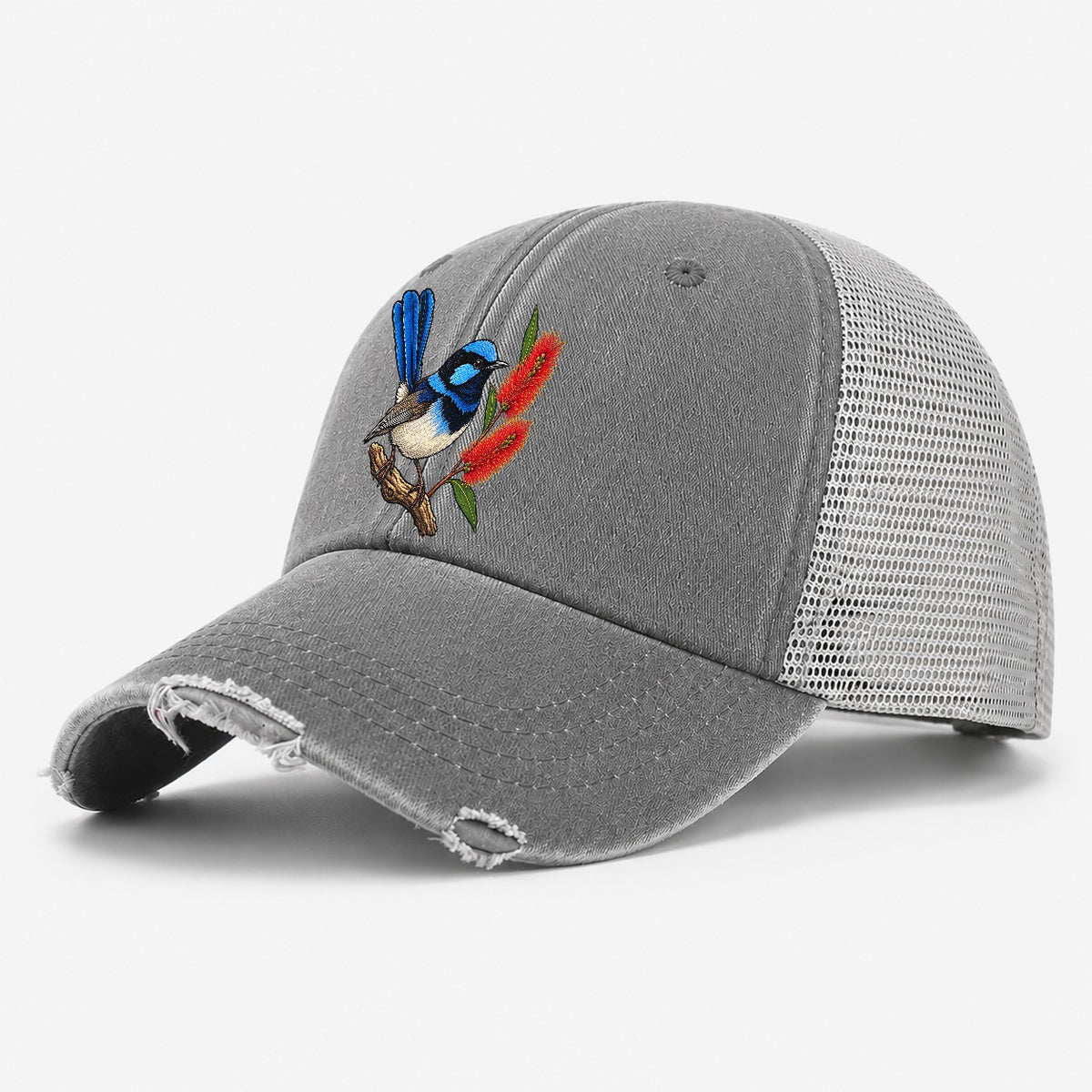 Superb Fairywren And Bottlebrush Australia Cultural Icons Washed Trucker Hat – Grey