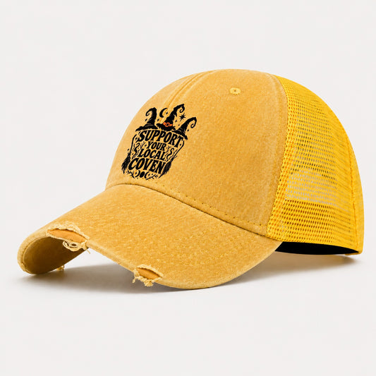Support Your Local Coven Slogan Witch Magic Washed Trucker Hat – Yellow