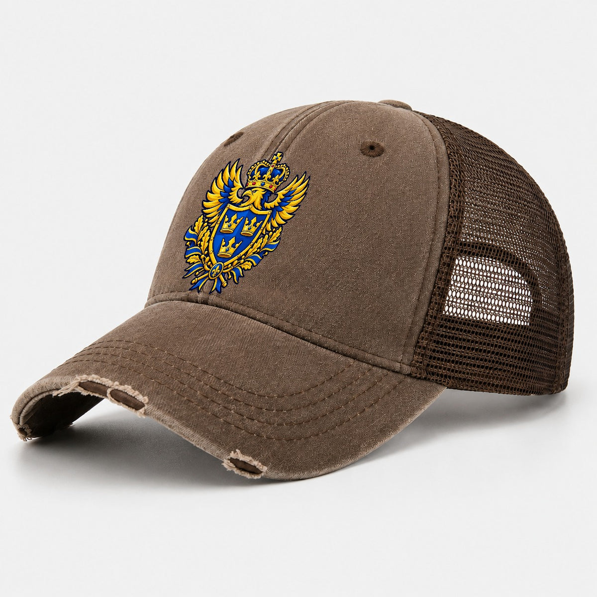Sweden Heraldic Crest Country Logos Washed Trucker Hat – Coffee