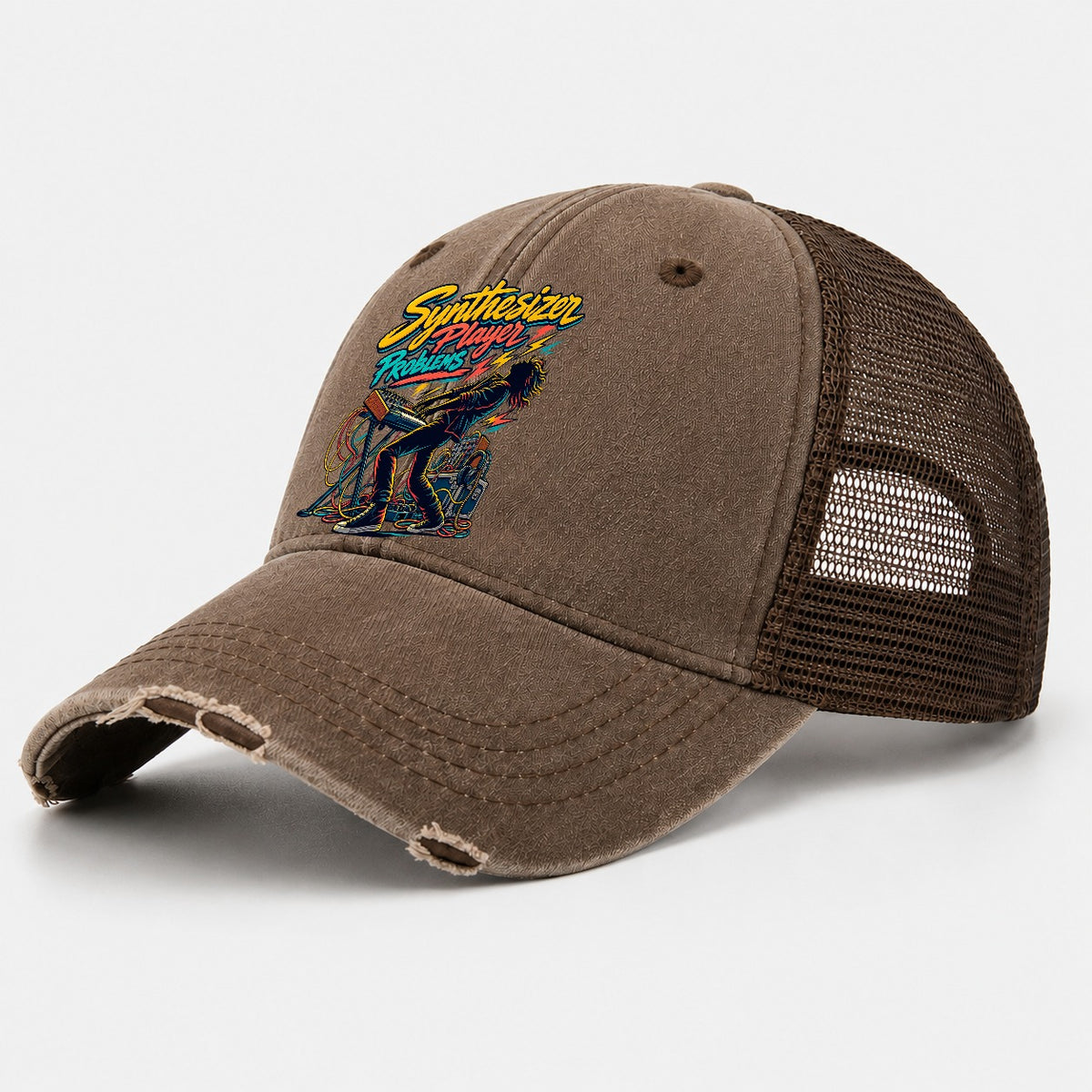 Synthesizer Player Problems Music Instruments Washed Trucker Hat – Coffee