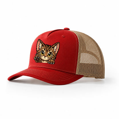 Tabby Kitten Paw Up Peeking Cats Trucker Hat – Red Khaki