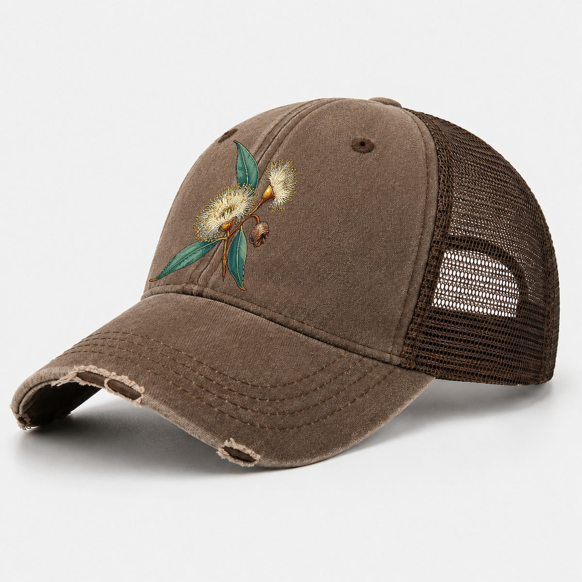 Tasmania Blue Gum Blossom And Capsule Australia Cultural Icons Washed Trucker Hat – Coffee