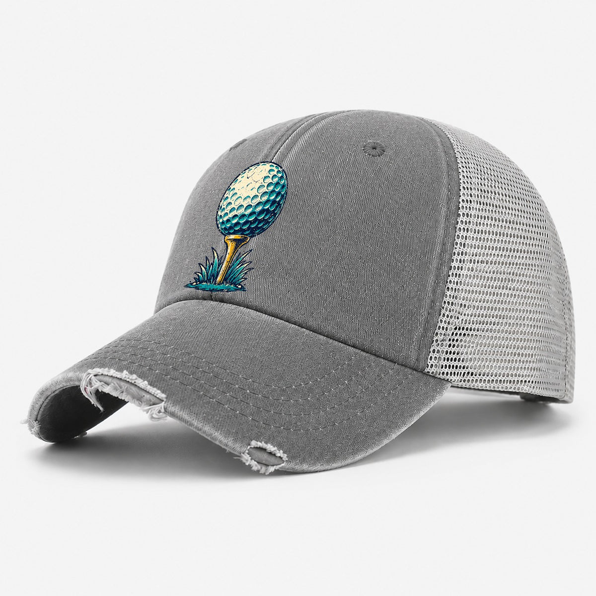 Tee And Ball Mark Golf Life Washed Trucker Hat – Grey