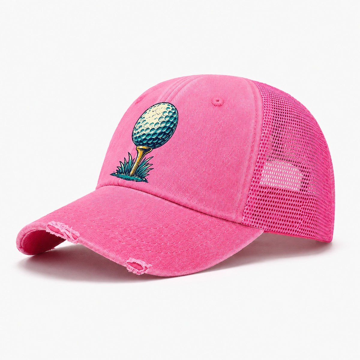 Tee And Ball Mark Golf Life Washed Trucker Hat – Rose