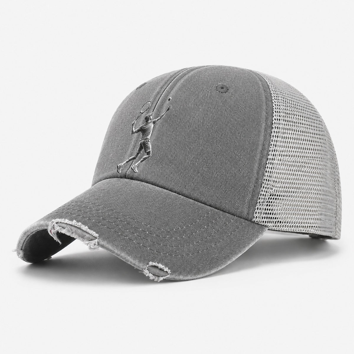 Tennis Player Serving Powerful Shot Washed Trucker Hat – Grey