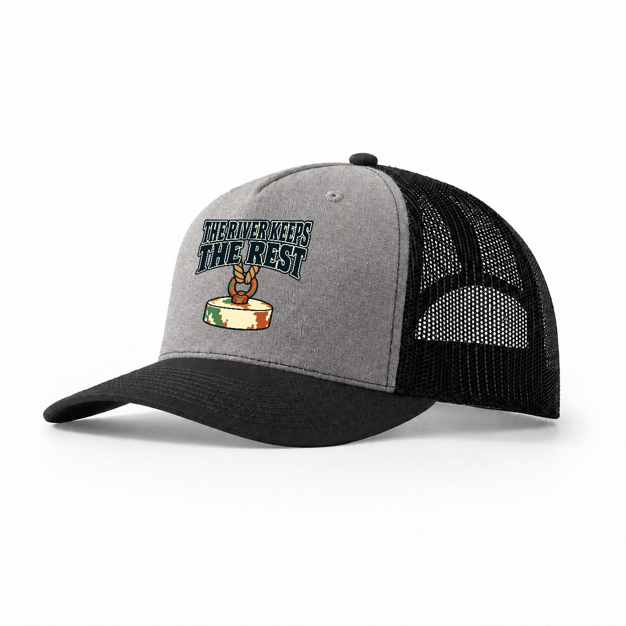 The River Keeps The Rest Treasure Hunting Trucker Hat – Grey Black