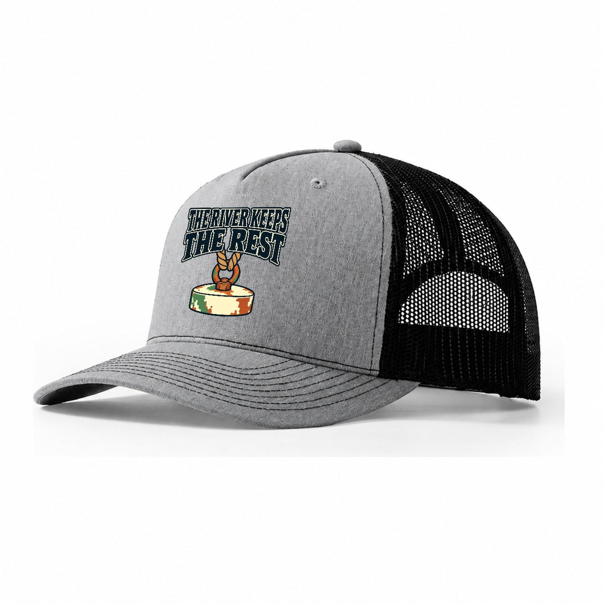 The River Keeps The Rest Treasure Hunting Trucker Hat – Sport Grey Black