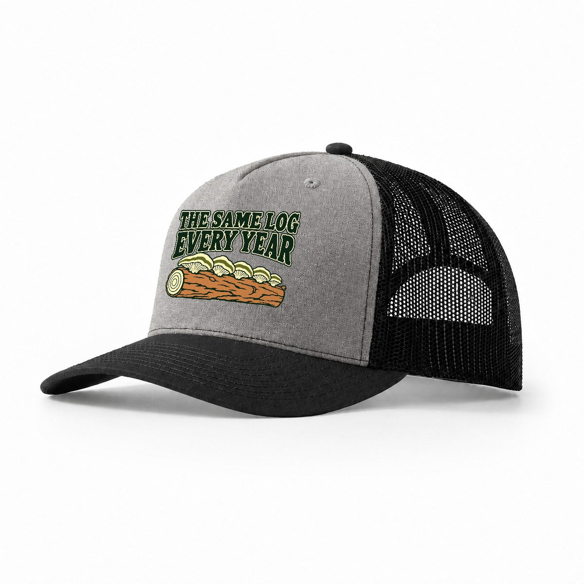 The Same Log Every Year Foraging And Mycology Trucker Hat – Grey Black