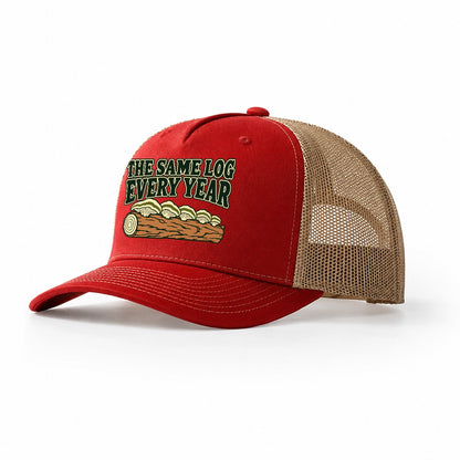 The Same Log Every Year Foraging And Mycology Trucker Hat – Red Khaki