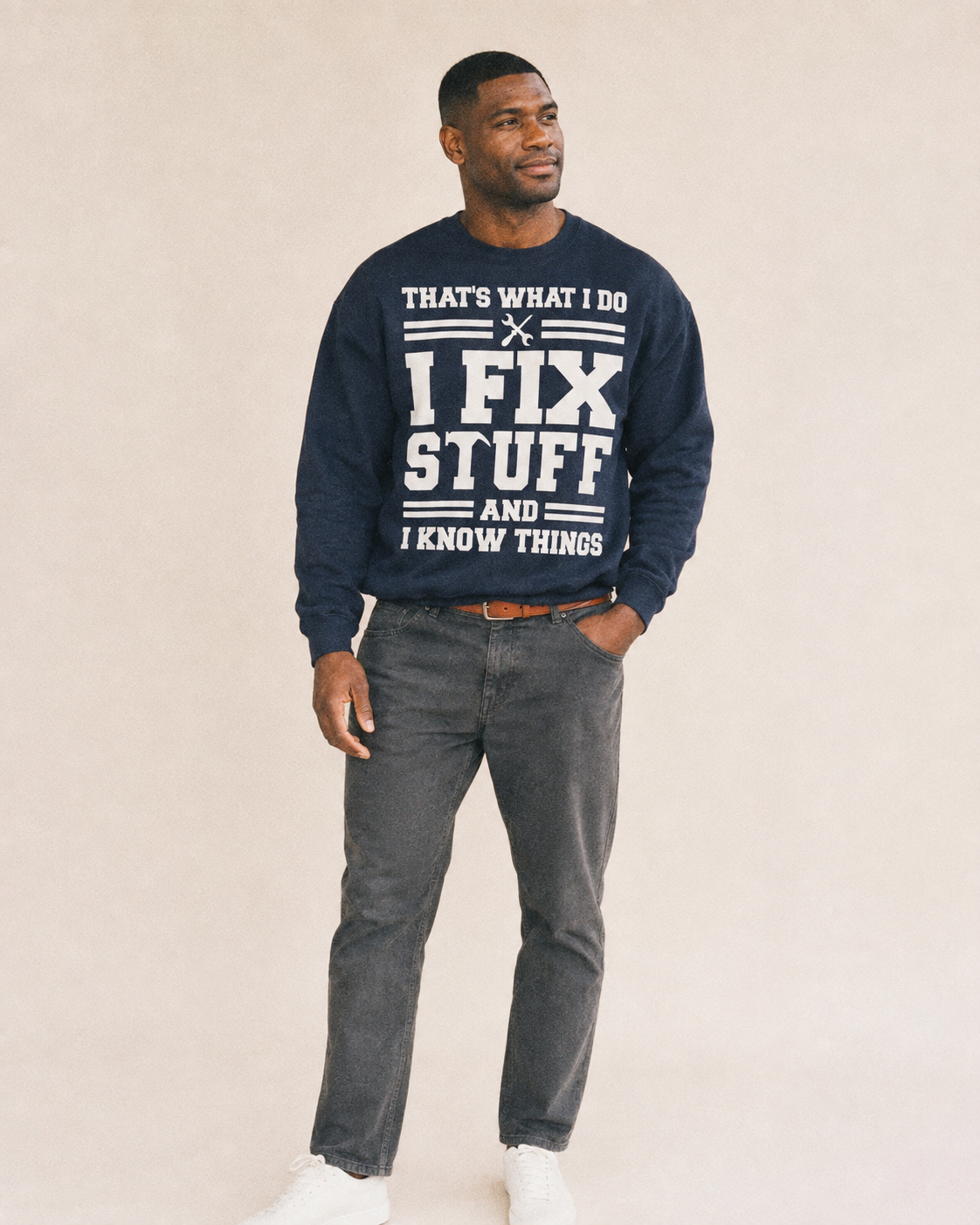 This Is What I Do I Fix Stuff And I Know Things Fleece Sweatshirt – studio model photo