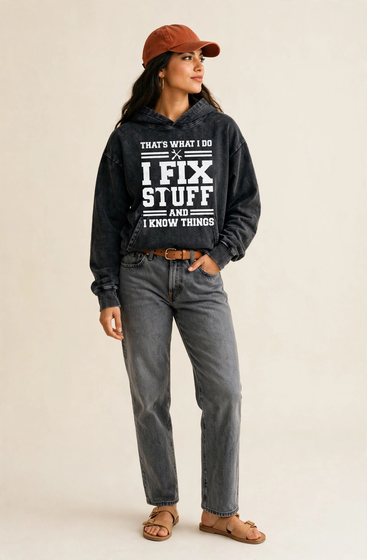 This Is What I Do I Fix Stuff And I Know Things Vintage Washed Hoodie – studio model photo