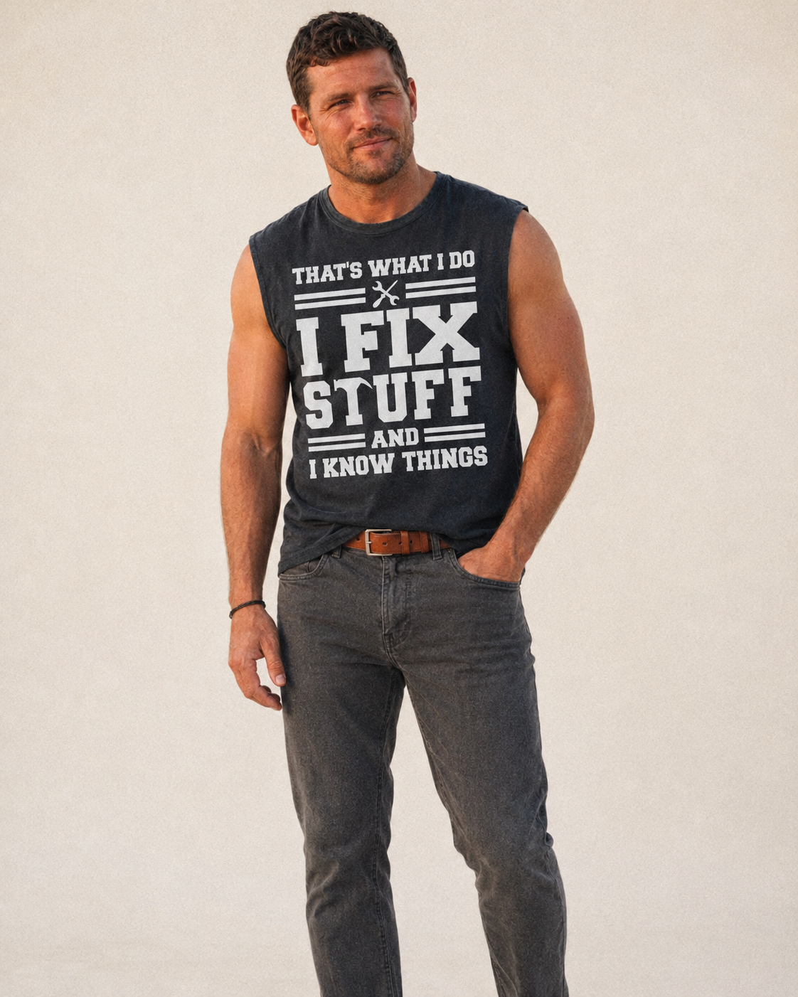 This Is What I Do I Fix Stuff And I Know Things Vintage Washed Tank – studio model photo