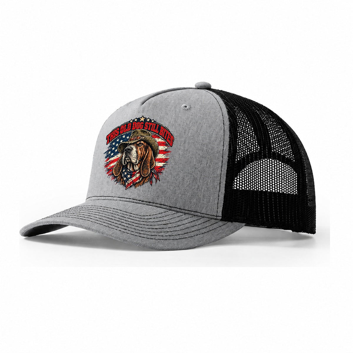 This Old Dog Still Bites Old Man Strong Trucker Hat – Sport Grey Black
