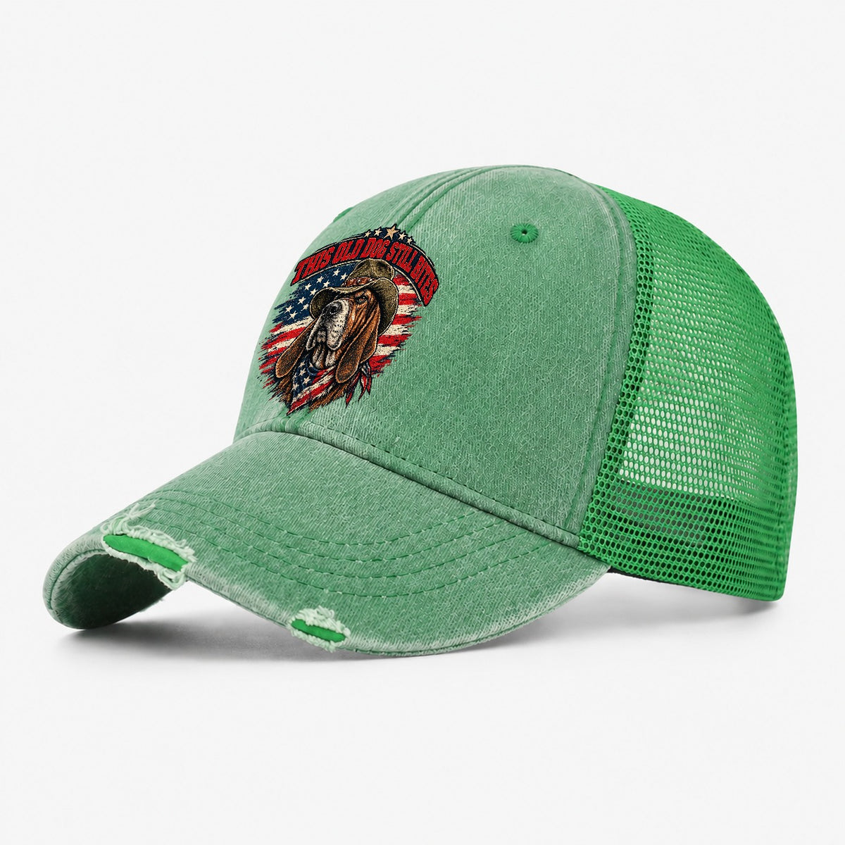 This Old Dog Still Bites Old Man Strong Washed Trucker Hat – Ink Green