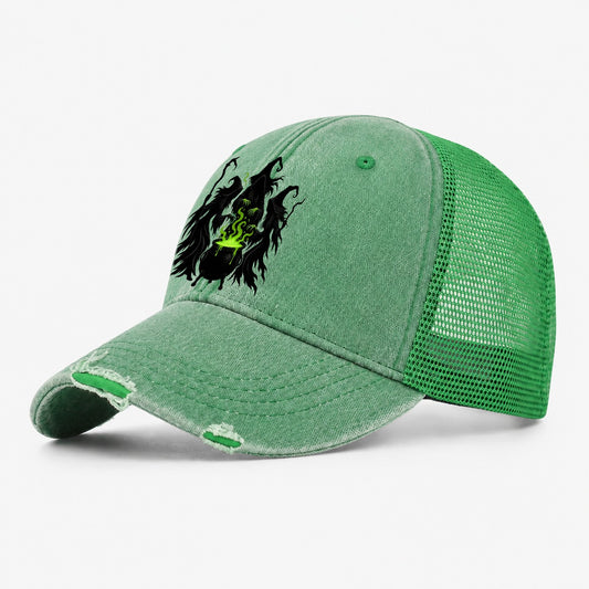 Three Weird Sisters Witch Magic Washed Trucker Hat – Ink Green