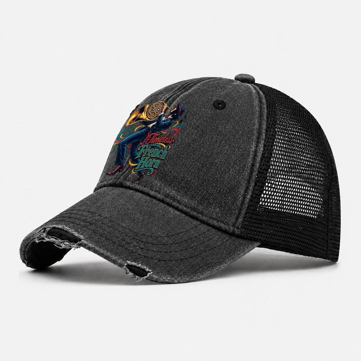 Timeless French Horn Music Instruments Washed Trucker Hat – Black