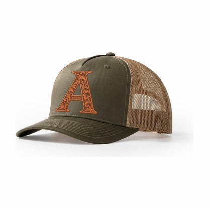 Tooled Leather A Monogram Trucker Hat – Olive Khaki