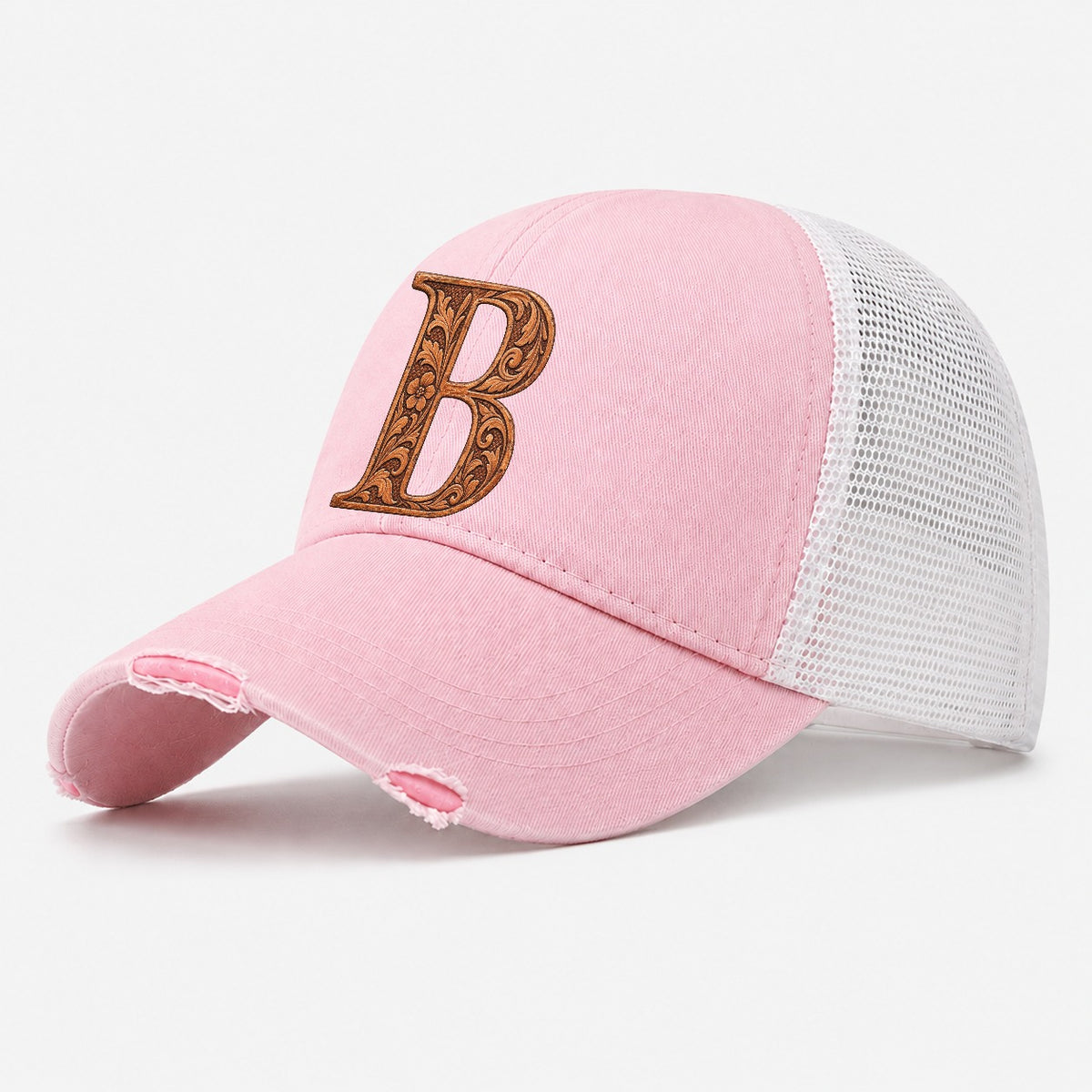 Tooled Leather B Monogram Washed Trucker Hat – Light Pink
