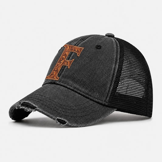 Tooled Leather F Monogram Washed Trucker Hat – Black