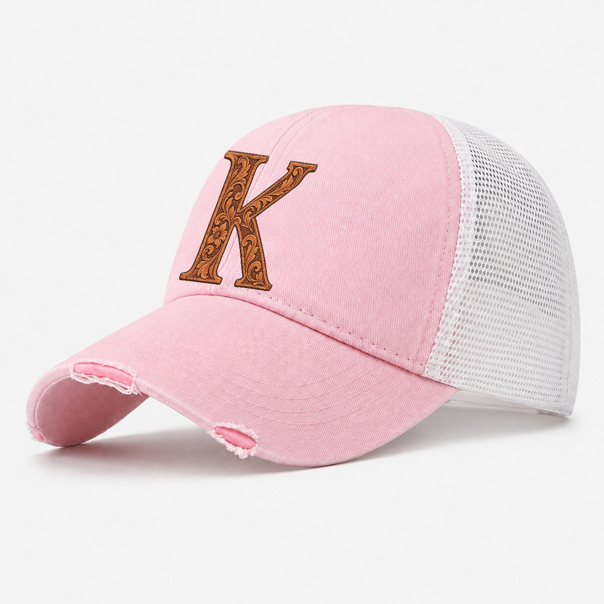 Tooled Leather K Monogram Washed Trucker Hat – Light Pink