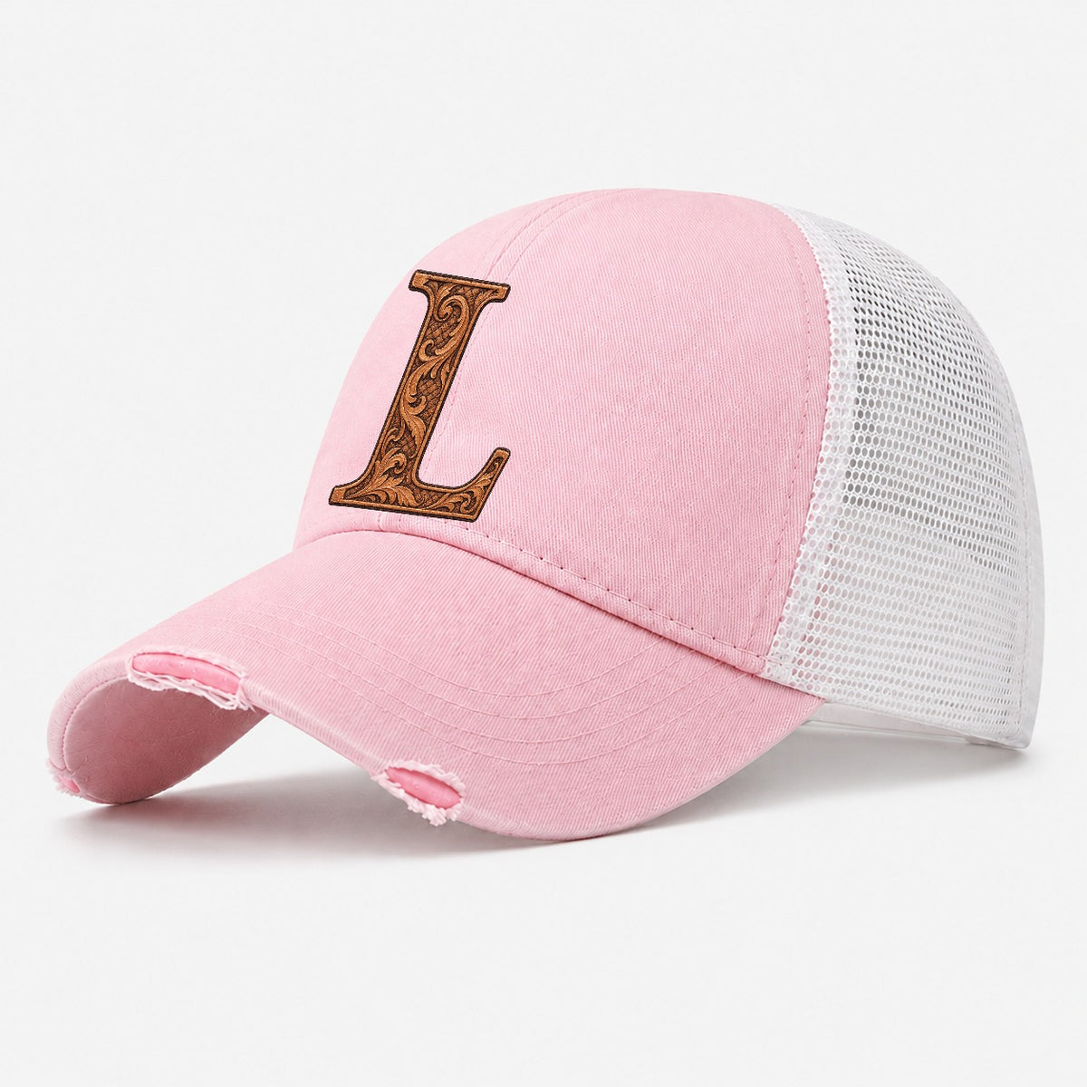 Tooled Leather L Monogram Washed Trucker Hat – Light Pink