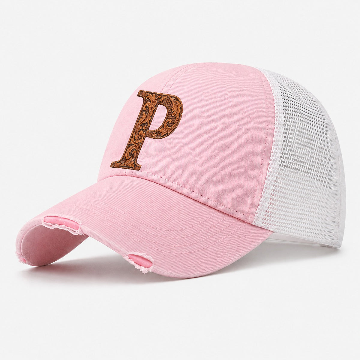 Tooled Leather P Monogram Washed Trucker Hat – Light Pink