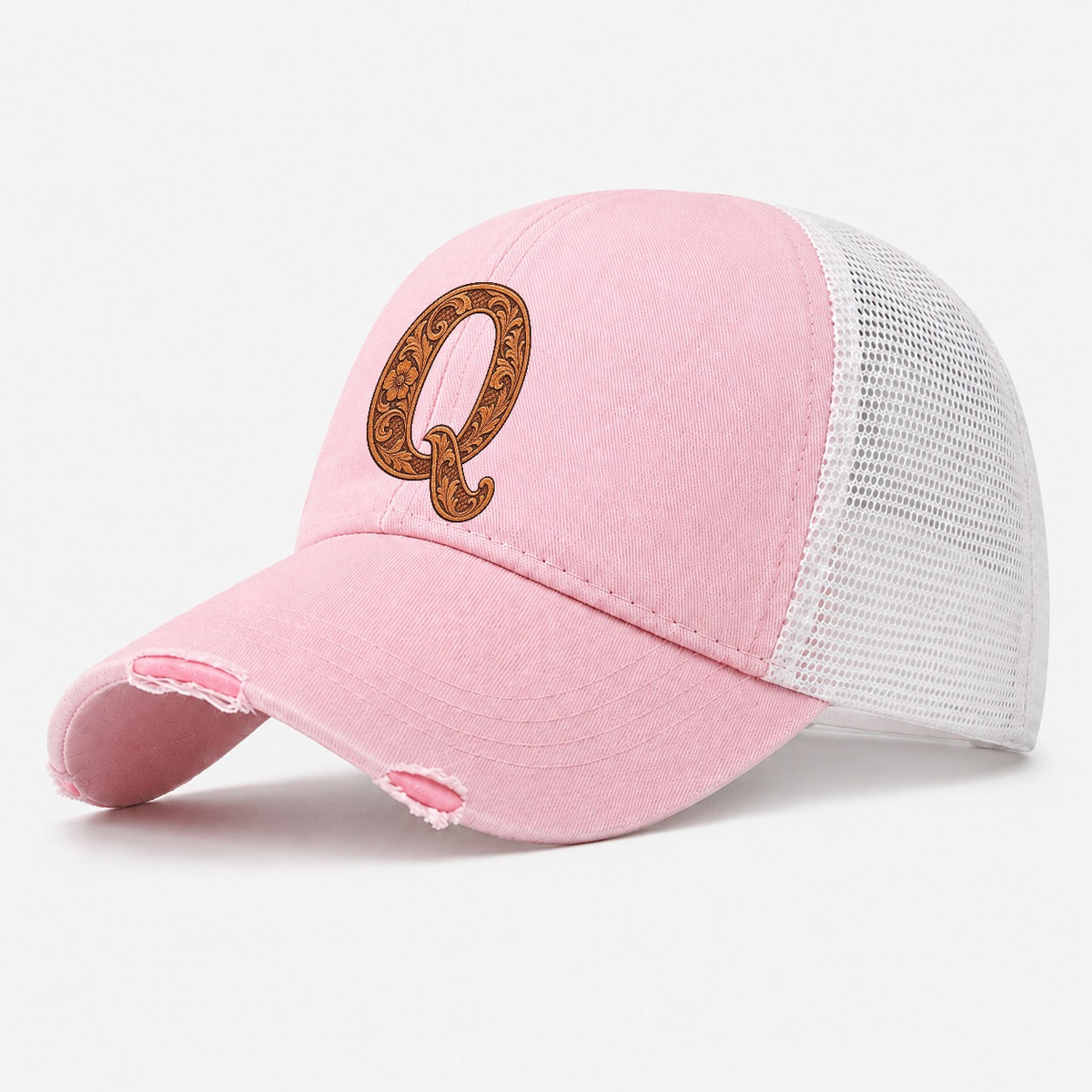 Tooled Leather Q Monogram Washed Trucker Hat – Light Pink