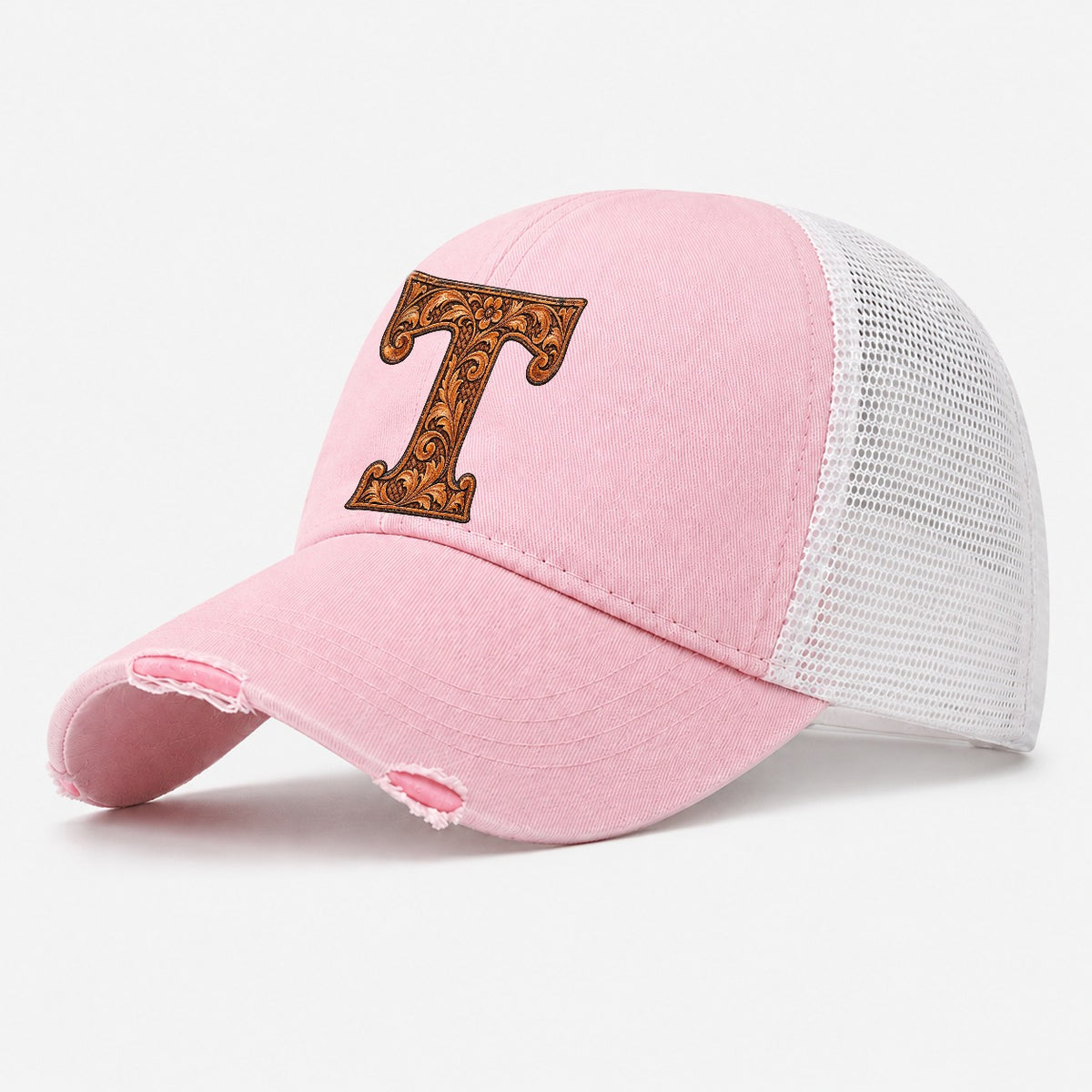 Tooled Leather T Monogram Washed Trucker Hat – Light Pink