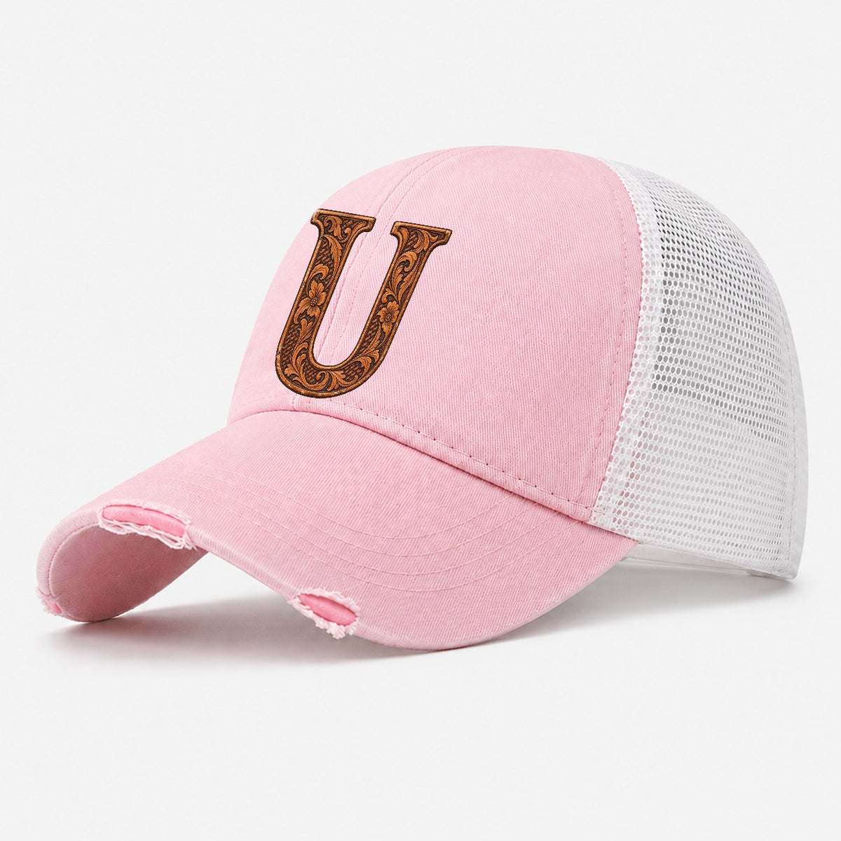 Tooled Leather U Monogram Washed Trucker Hat – Light Pink