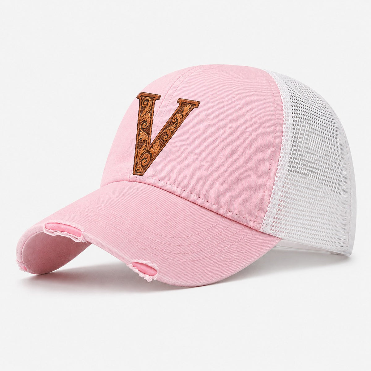 Tooled Leather V Monogram Washed Trucker Hat – Light Pink