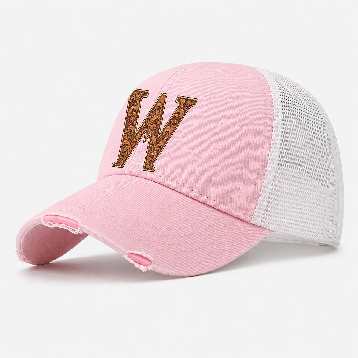 Tooled Leather W Monogram Washed Trucker Hat – Light Pink