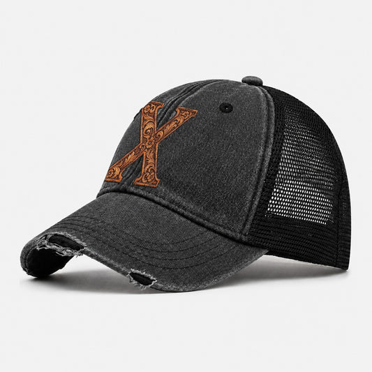 Tooled Leather X Monogram Washed Trucker Hat – Black