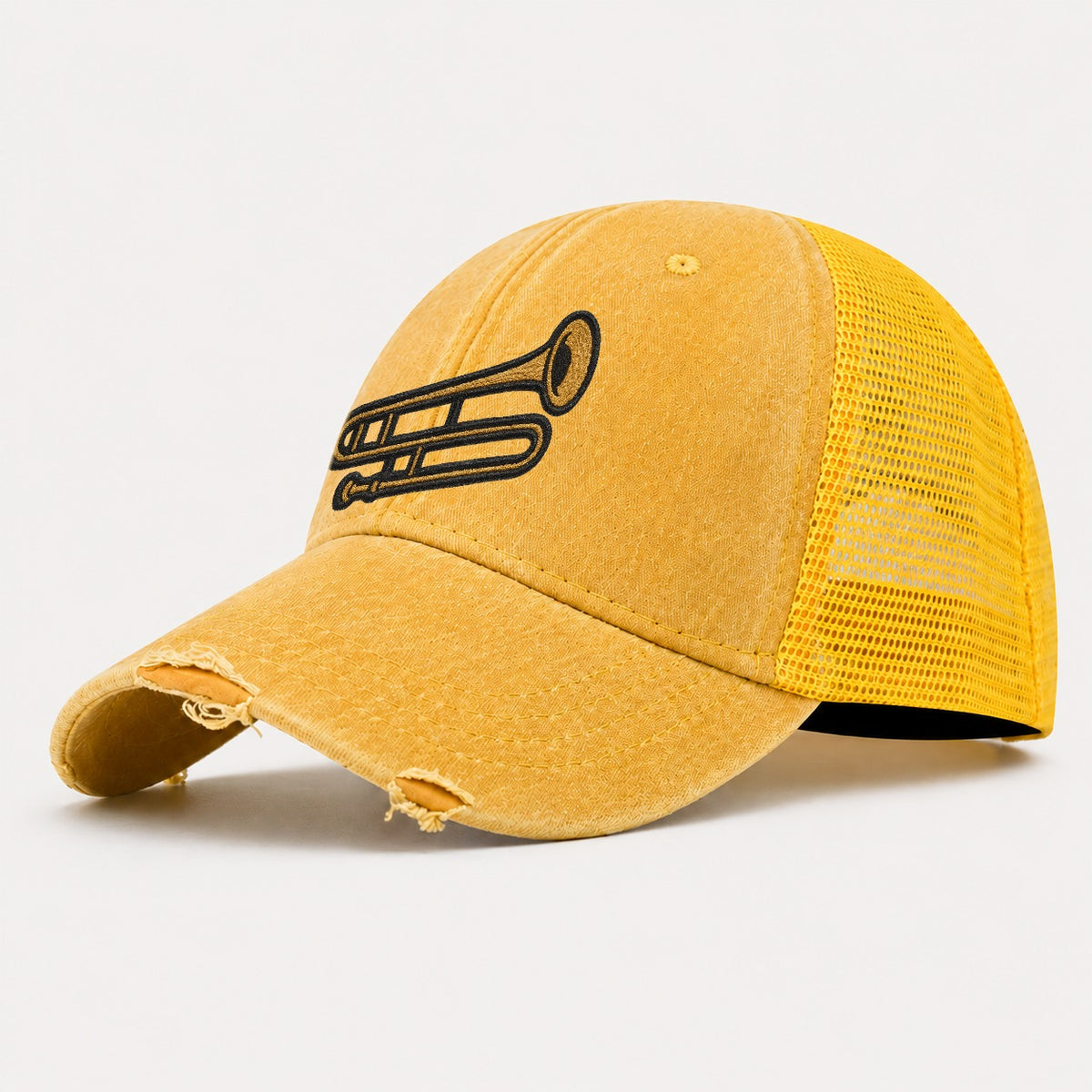 Trombone Brass Trombone With Slide And Bell Washed Trucker Hat – Yellow