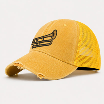 Trombone Brass Trombone With Slide And Bell Washed Trucker Hat – Yellow