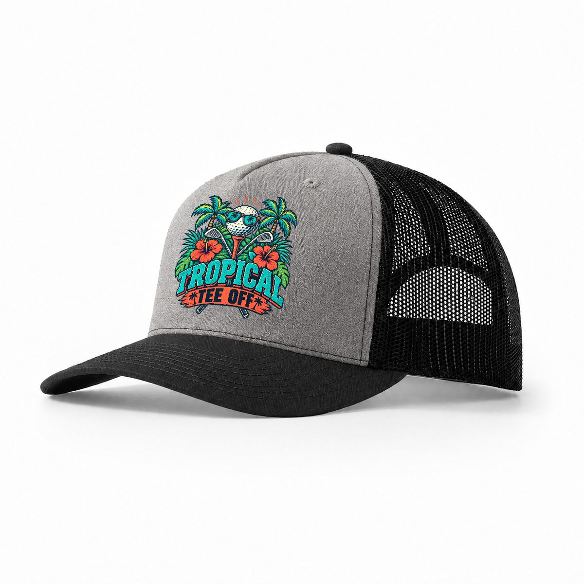 Tropical Tee Off Golf Life Trucker Hat – Grey Black