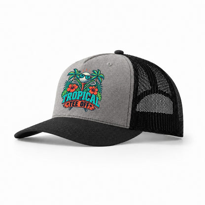 Tropical Tee Off Golf Life Trucker Hat – Grey Black