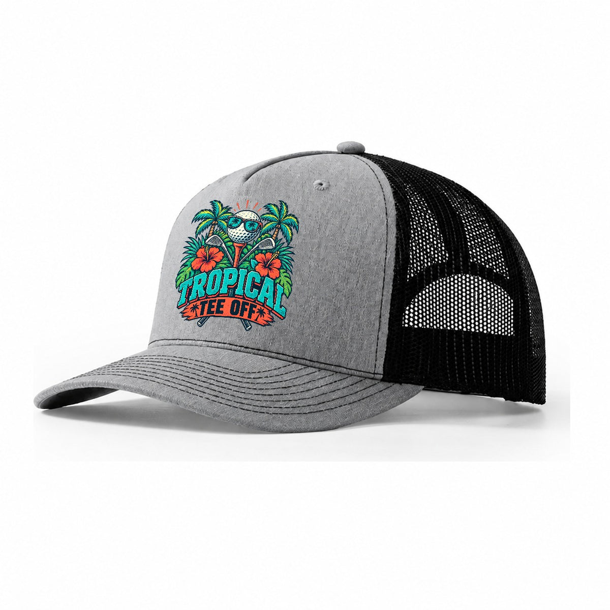 Tropical Tee Off Golf Life Trucker Hat – Sport Grey Black