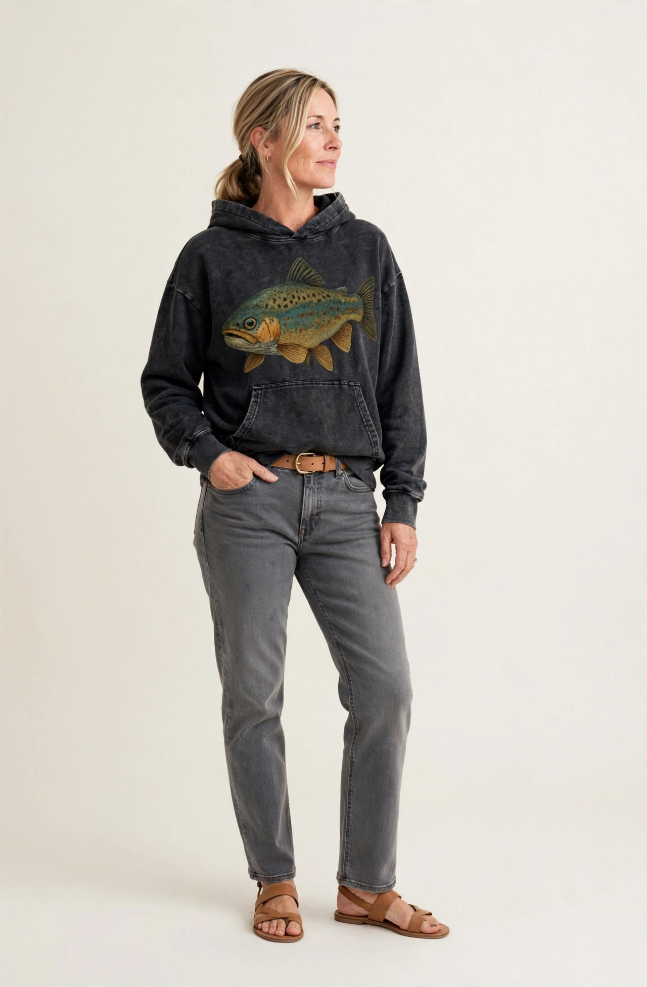 Trout Tales Headwear Vintage Washed Hoodie – studio model photo