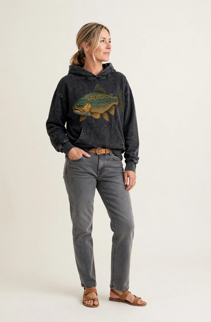 Trout Tales Headwear Vintage Washed Hoodie – studio model photo