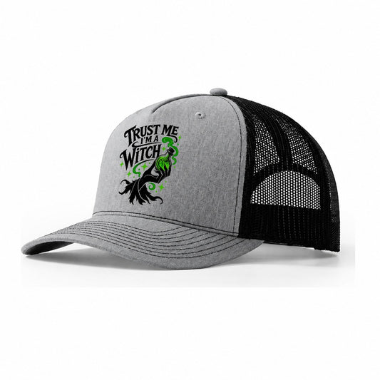 Trust Me I Am A Witch Slogan Witch Magic Trucker Hat – Sport Grey Black