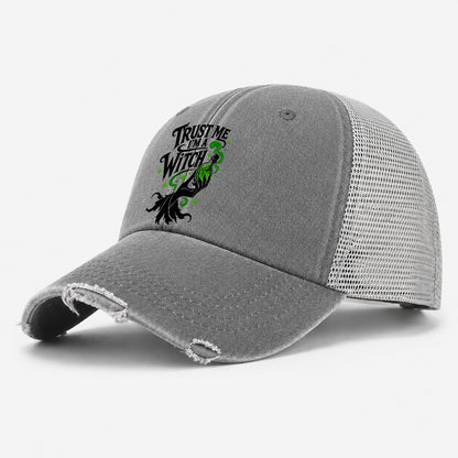 Trust Me I Am A Witch Slogan Witch Magic Washed Trucker Hat – Grey