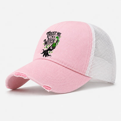 Trust Me I Am A Witch Slogan Witch Magic Washed Trucker Hat – Light Pink