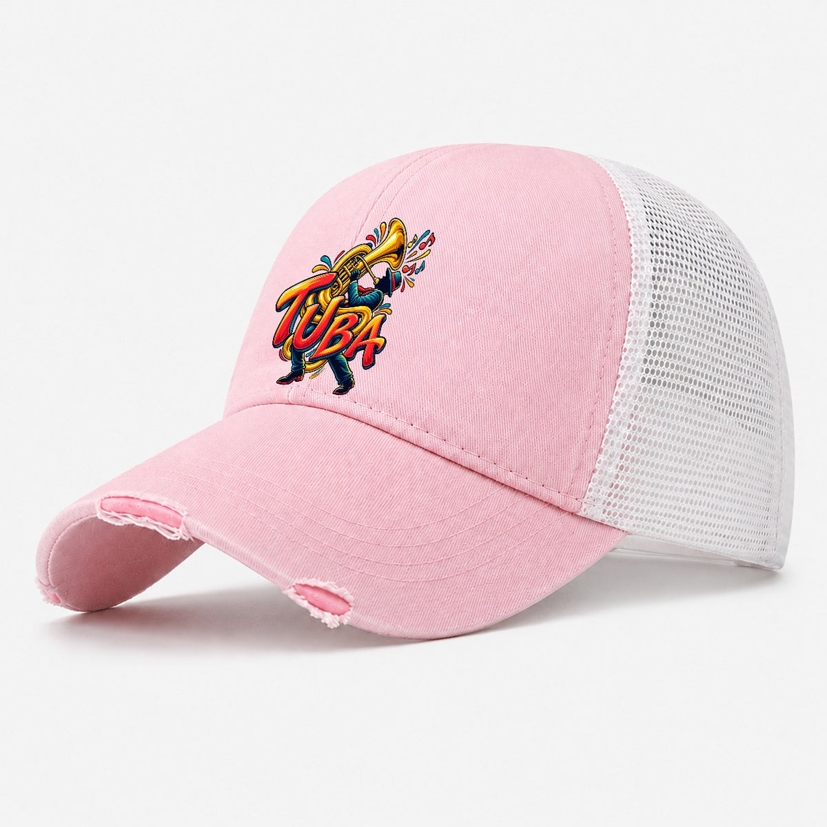 Tuba Wordmark Music Instruments Washed Trucker Hat – Light Pink