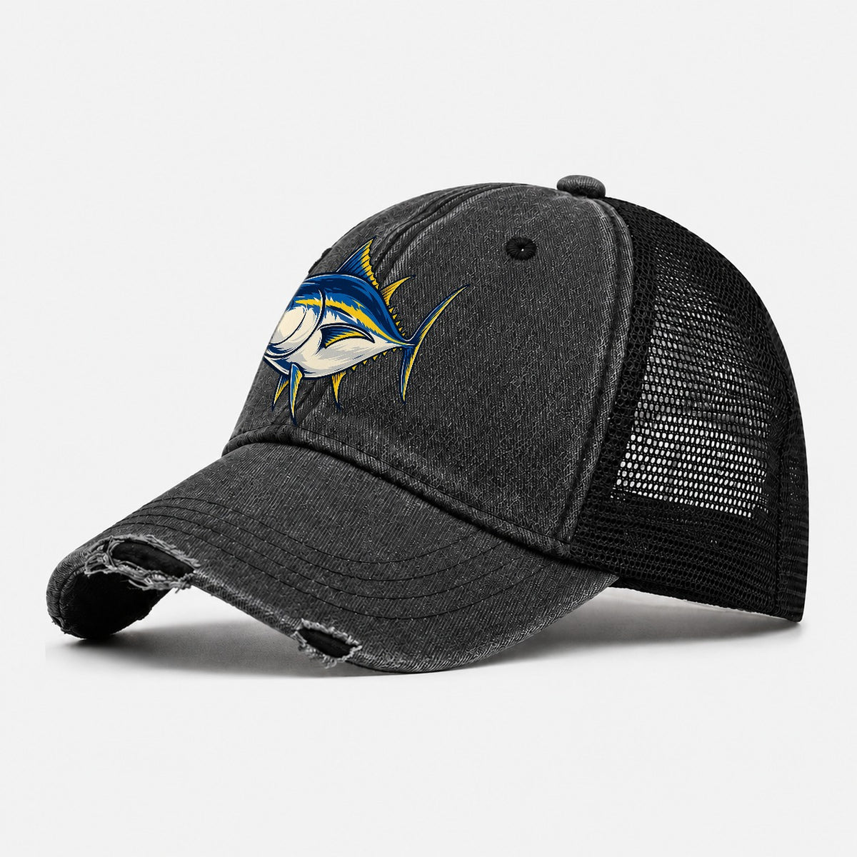 Tuna Silhouette Fishing Elegant Washed Trucker Hat – Black