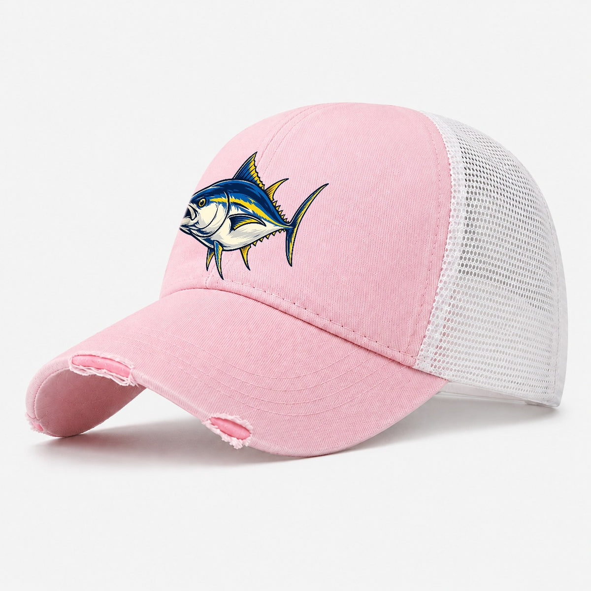 Tuna Silhouette Fishing Elegant Washed Trucker Hat – Light Pink